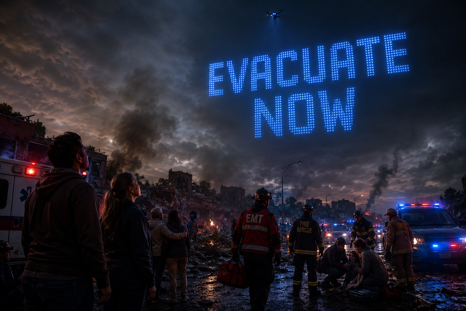 Emergency drone projecting EVACUATE NOW message above first responders and emergency vehicles at night