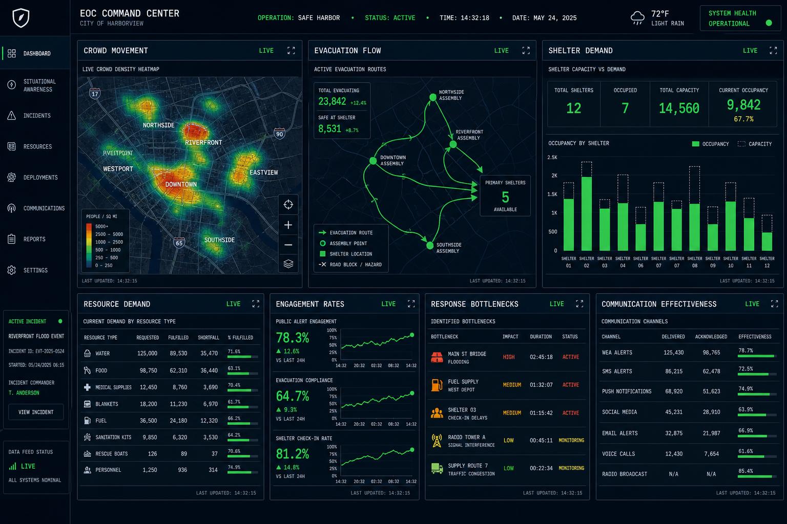 HOVR IQ command center dashboard showing live evacuation routes, crowd heatmaps, drone fleet status, and engagement analytics
