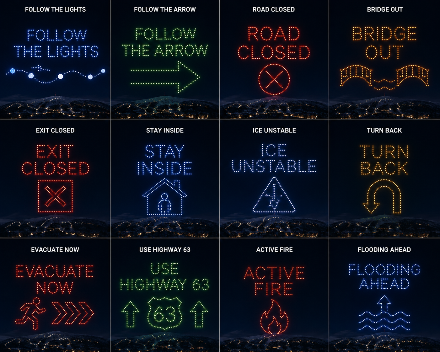 Grid of FLIKCOM emergency drone sky messages